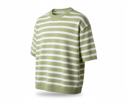 Green and White Striped Knit T-Shirt
