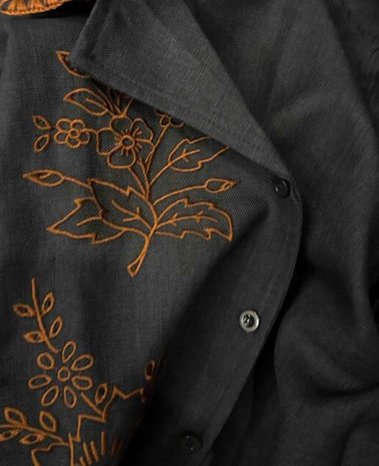 Floral Embroidery Short-Sleeve Button-Up