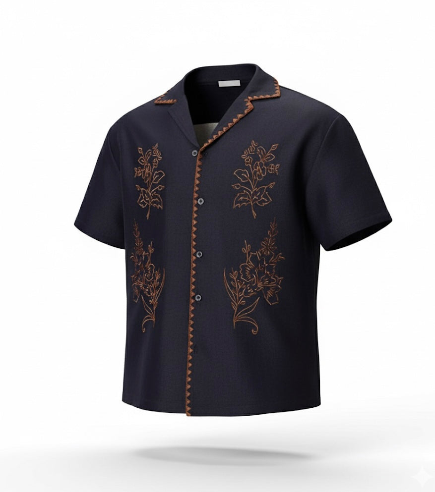 Floral Embroidery Short-Sleeve Button-Up