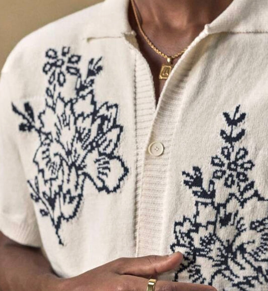 Black and White Floral Knit Polo