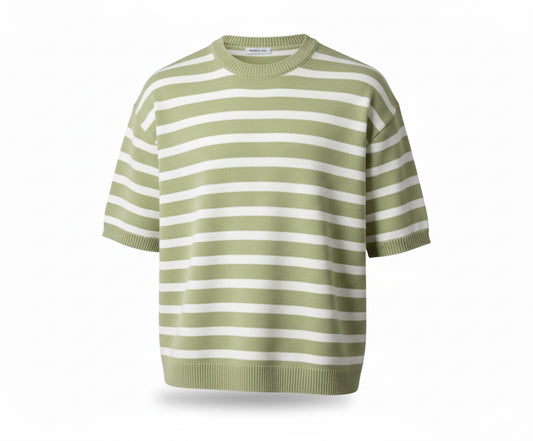 Green and White Striped Knit T-Shirt