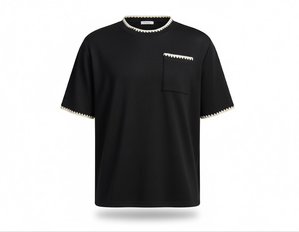 Black T-Shirt with Scalloped Knit Trim