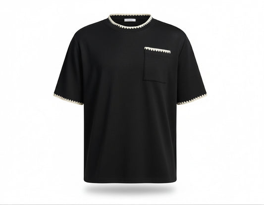 Black T-Shirt with Scalloped Knit Trim