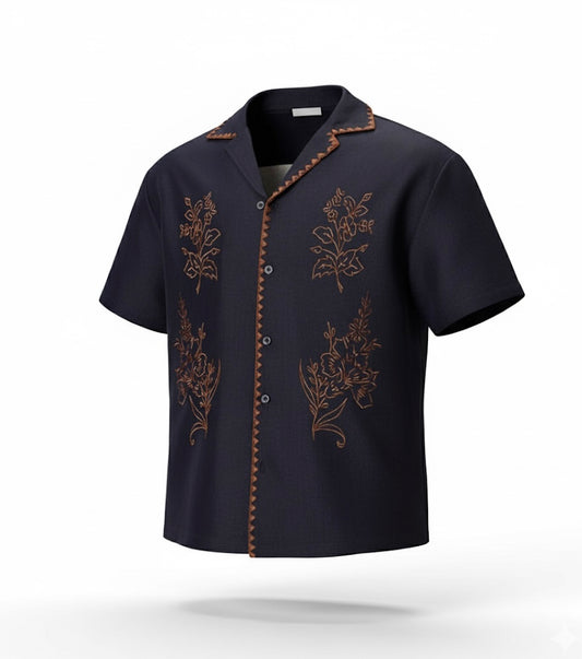 Floral Embroidery Short-Sleeve Button-Up