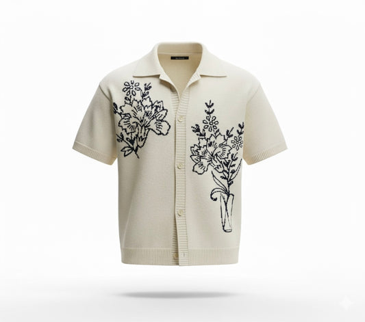 Black and White Floral Knit Polo
